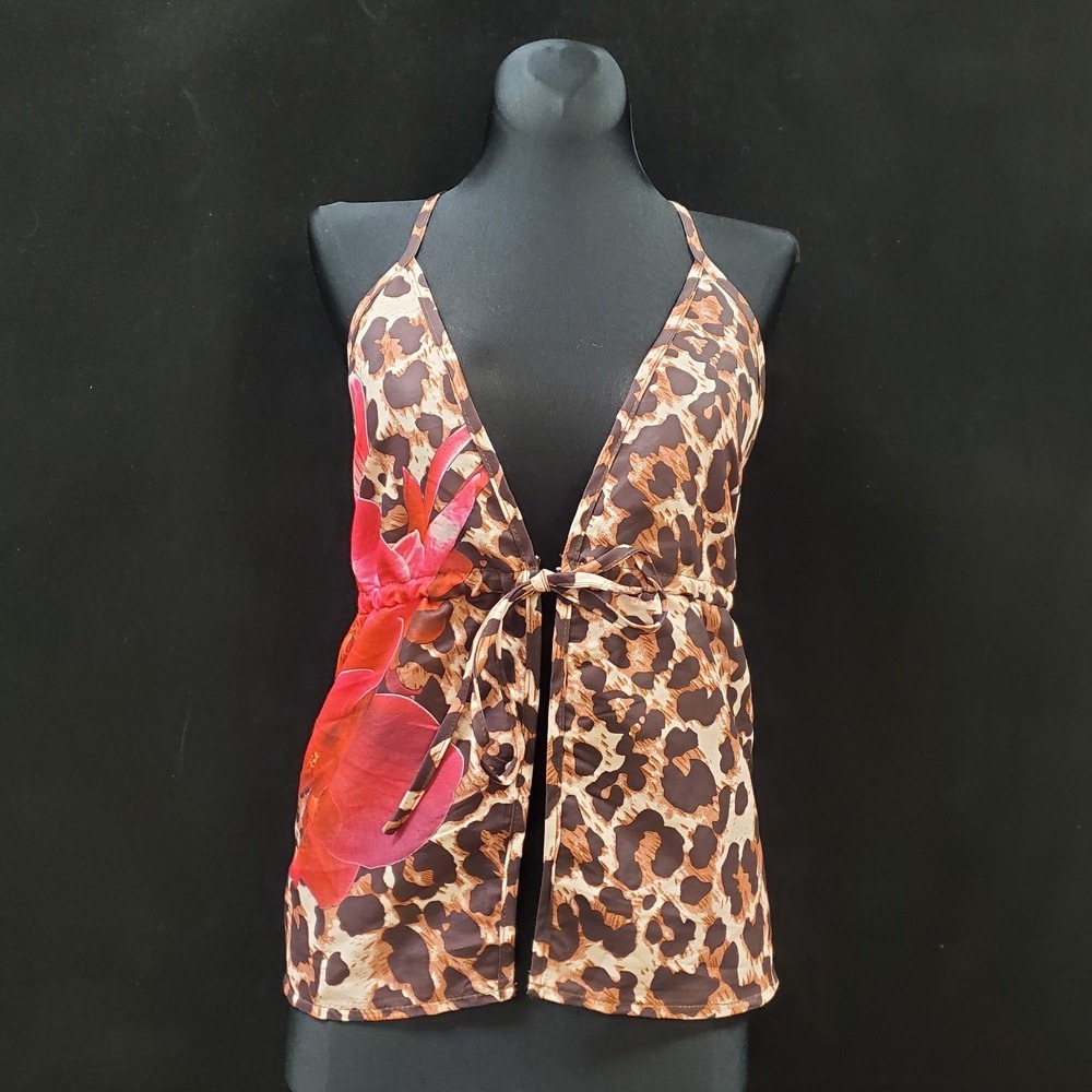 Tie Front Halter Neck Animal Print Babydoll Top Size L Y2K Going Out Cutout Back